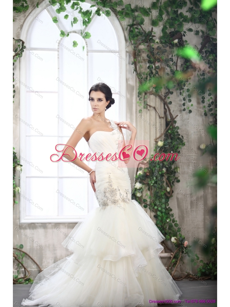 Luxurious One Shoulder Maternity Wedding Dress with Beading and Ruching