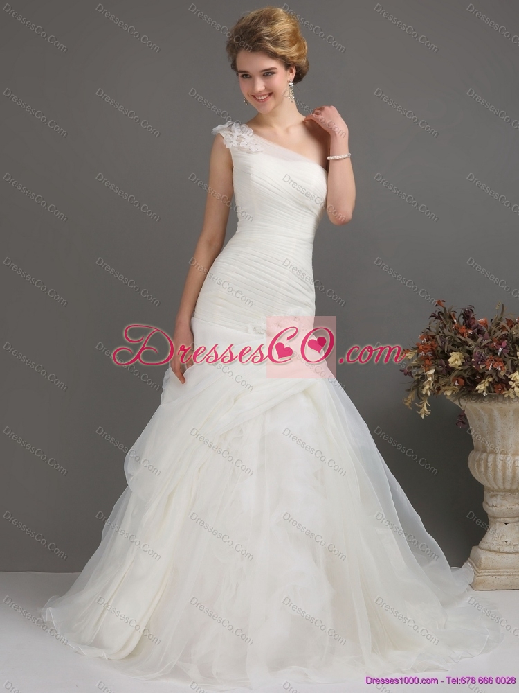 Modest One Shoulder Maternity Wedding Dress with Ruching and Hand Made Flowers