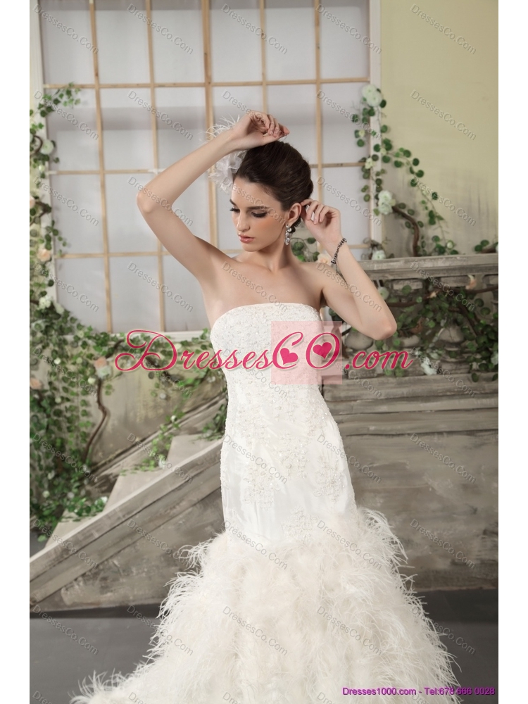 New Style Strapless Maternity Wedding Dress with Lace and  Feather