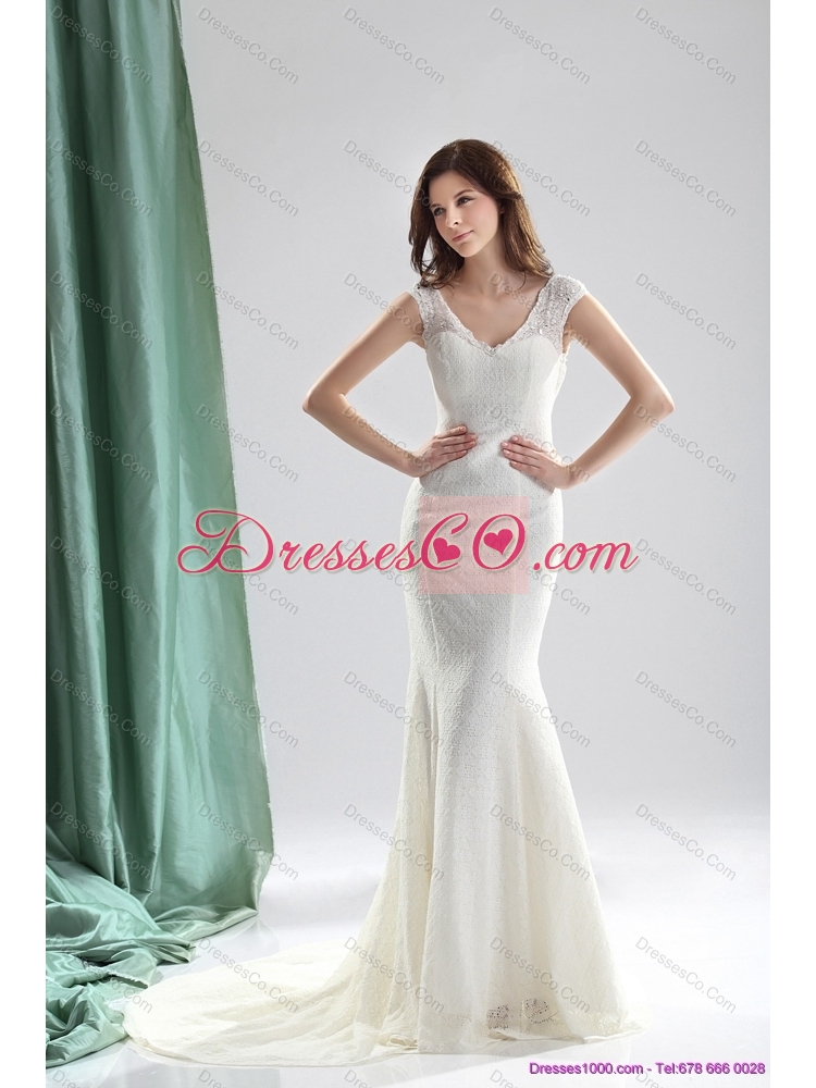 Unique White Mermaid Wedding Dress with Lace and Brush Train