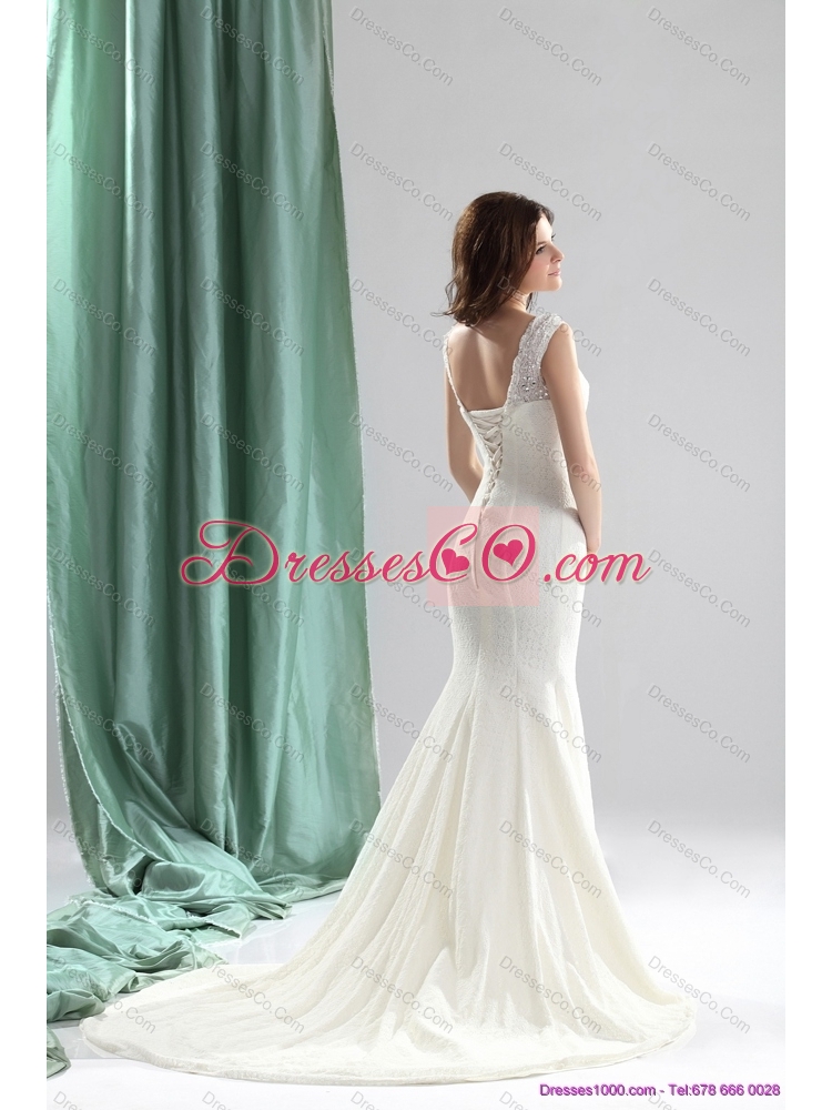 Unique White Mermaid Wedding Dress with Lace and Brush Train