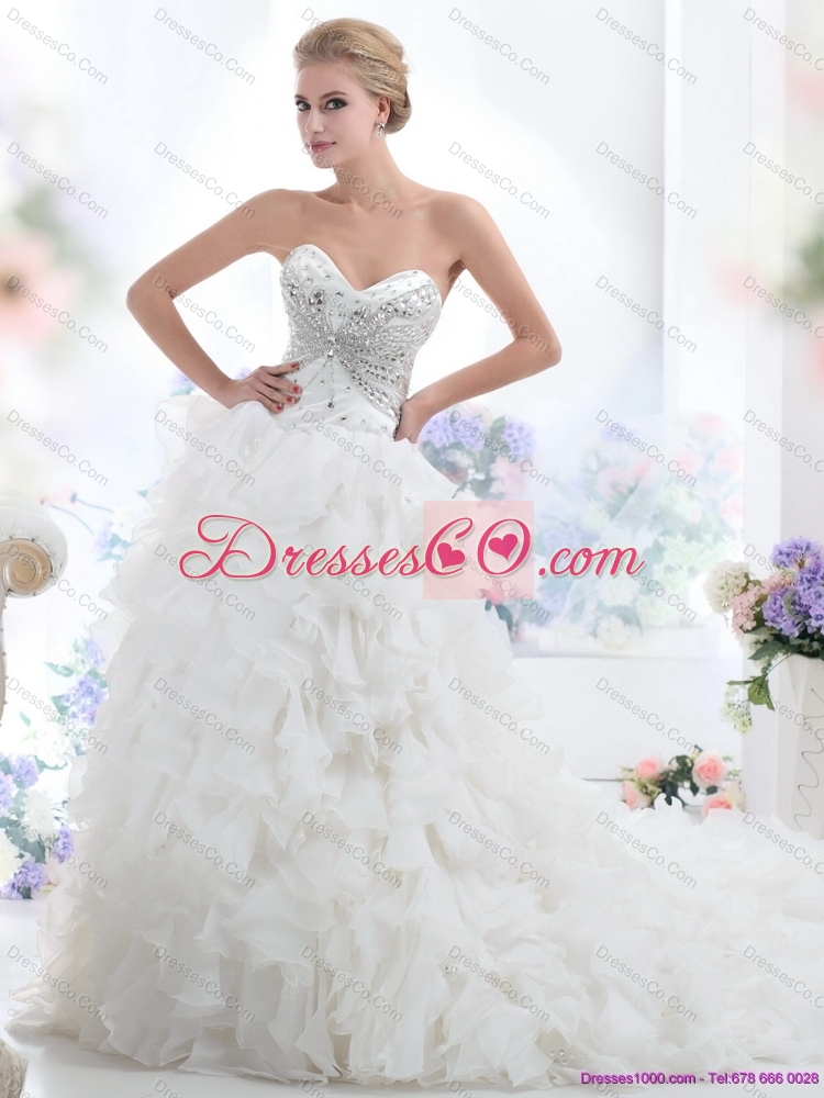 White Wedding Dress with Rhinestones and Ruffles