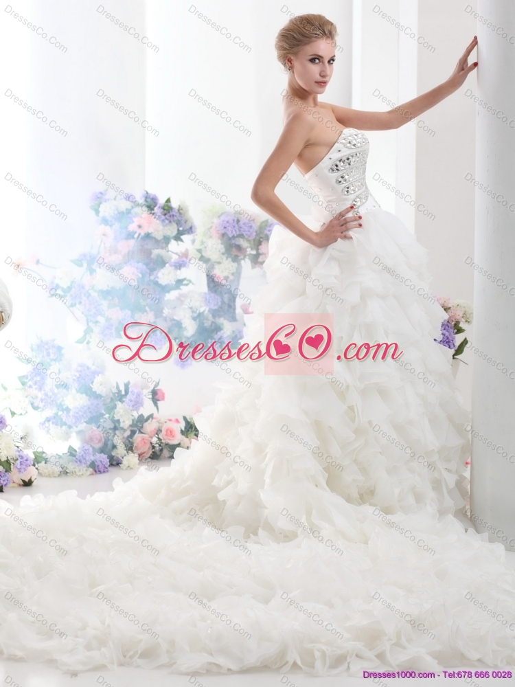 White Wedding Dress with Rhinestones and Ruffles