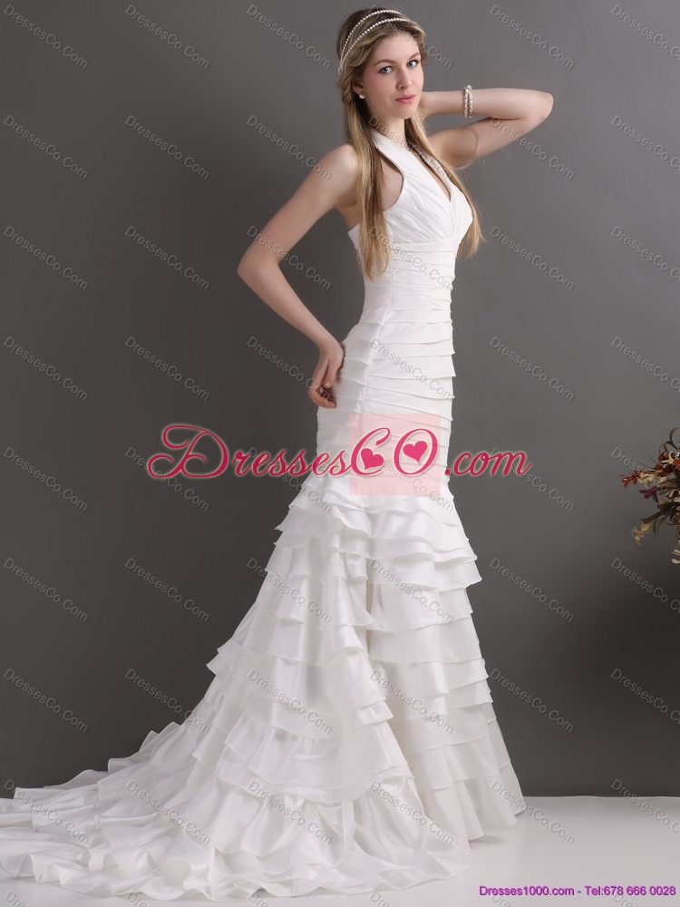 Unique White Halter Top Bridal Mermaid Gowns with Ruffled Layers and Ruching