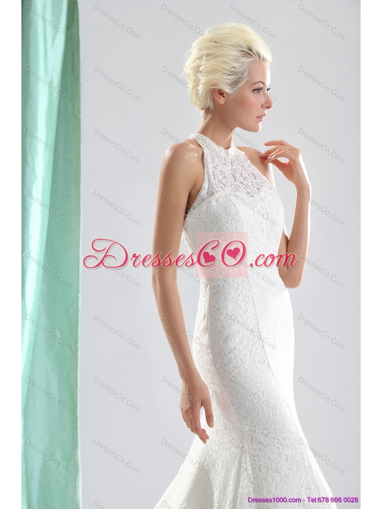 Unique White High Neck Lace Bridal  Mermaid Dress with  Brush Train