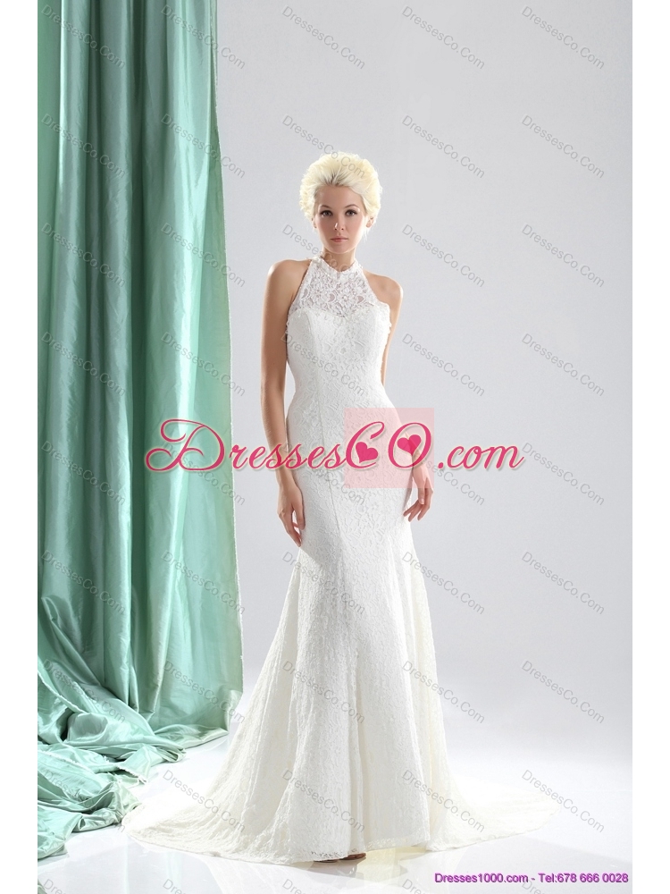 Unique White High Neck Lace Bridal  Mermaid Dress with  Brush Train