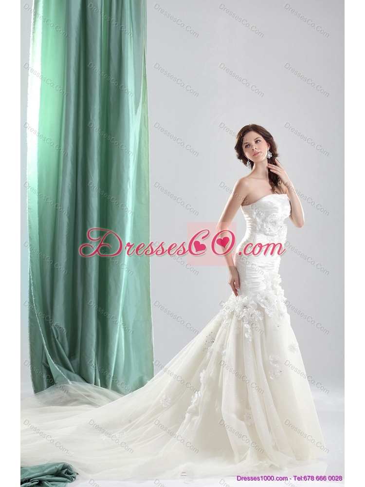 White Chapel Train Strapless Mermaid Wedding Dress with Ruching and Hand Made Flowers