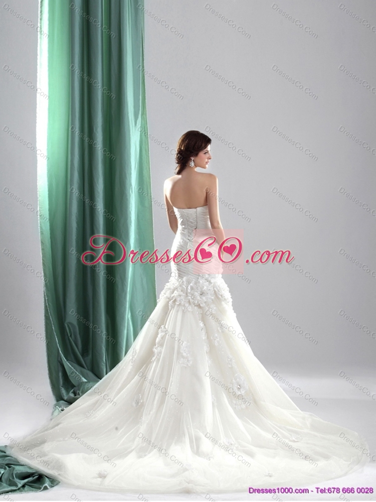 White Chapel Train Strapless Mermaid Wedding Dress with Ruching and Hand Made Flowers