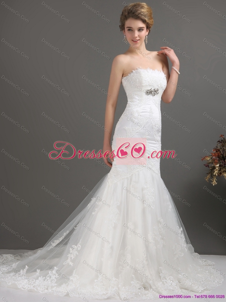 White Strapless Lace Mermaid Wedding Dress with Beading and Brush Train