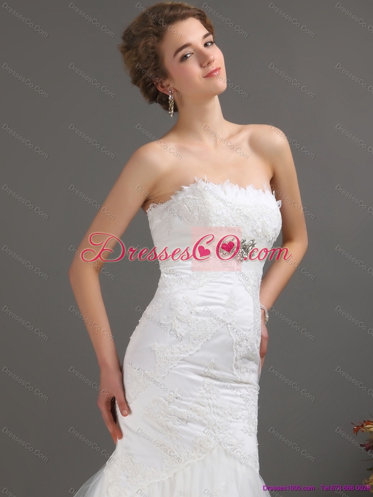White Strapless Lace Mermaid Wedding Dress with Beading and Brush Train