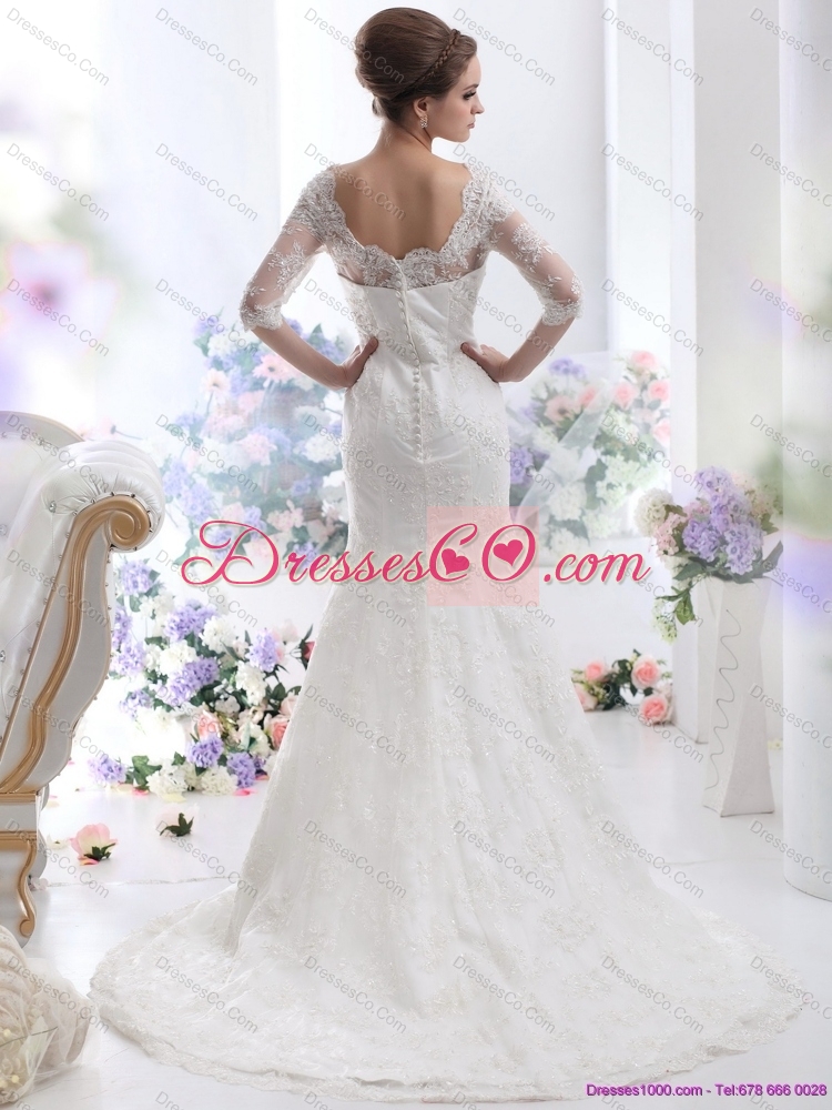White V Neck Lace Mermaid Wedding Dress with  Brush Train and Half Sleeves