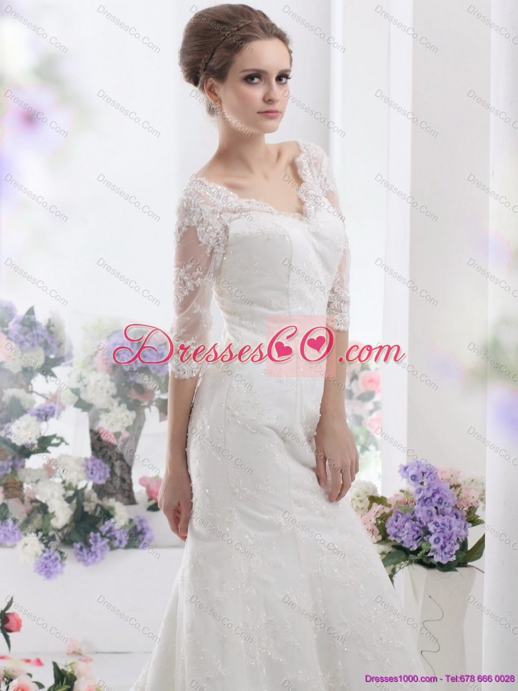 White V Neck Lace Mermaid Wedding Dress with  Brush Train and Half Sleeves