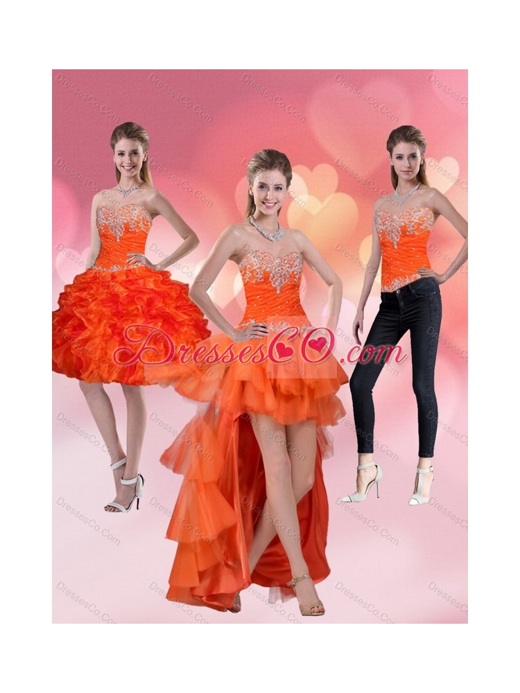 High Low Orange Red Detachable  Prom Dress with Ruffles and Beading