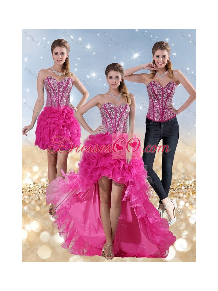 Hot Pink High Low Detachable  Prom Dress with Beading and Ruffled Layers