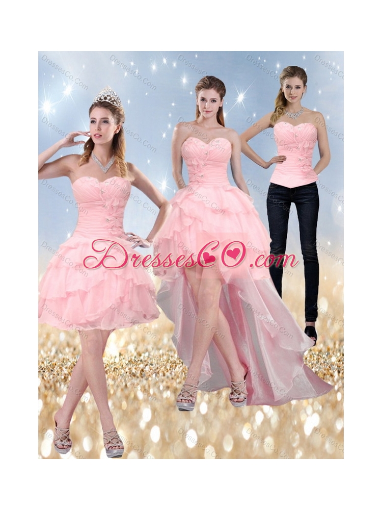 New Style Baby Pink Detachable Prom Dress with Ruffled Layers and Beading