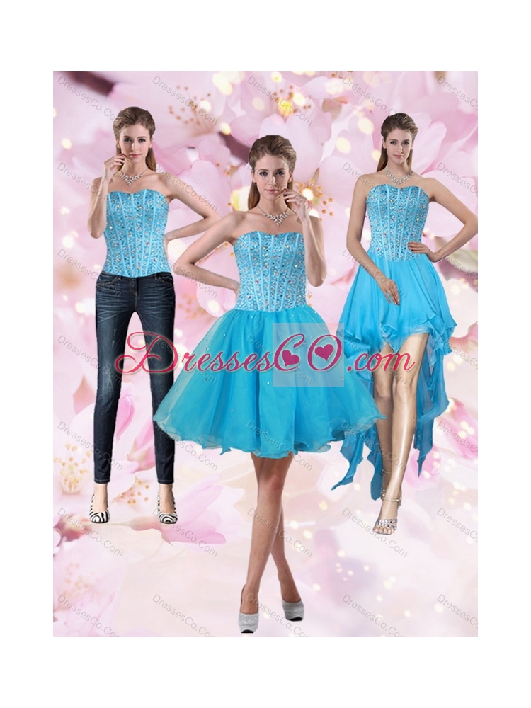 Puffy Aqua Blue Strapless Short Detachable Prom Dress with Beading
