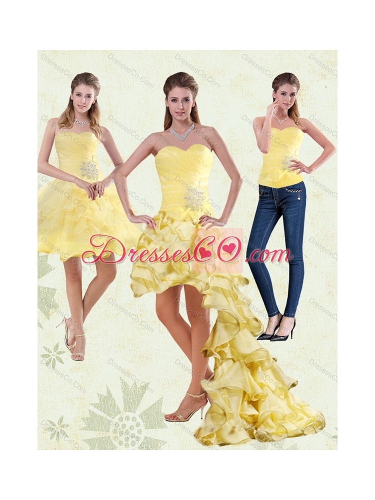 Yellow High Low Detachable Prom Dress with Beading and Ruffled Layers