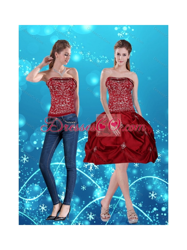 Discount Wine Red Pretty Strapless  Detachable Prom Dress with Embroidery
