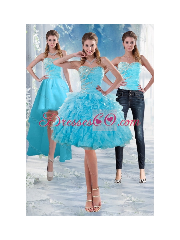 Delicate Baby Blue Detachable  Prom Gown with Appliques and Ruffles