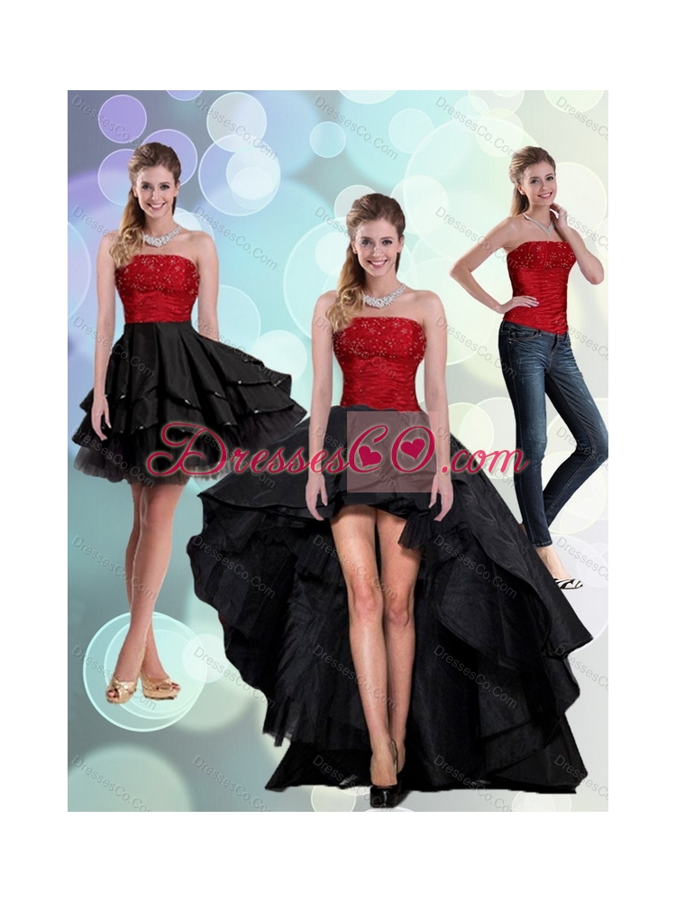 Discount Strapless Beading Detachable  Prom Dress in Red and Black