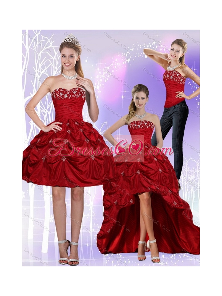 New Style Strapless Wine Red Detachable  Prom Dress with Embroidery