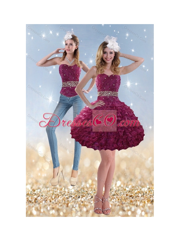 Romantic Beading and Ruffles Detachable  Prom Dress in Wine Red