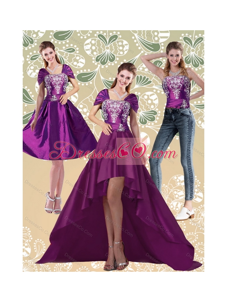 Classical High Low Embroidery Dark Purple Detachable  Prom Dress