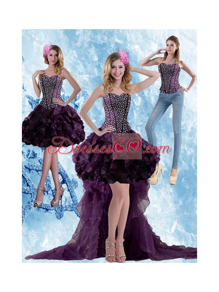 Elegant High Low Dark Purple Detachable  Prom Dress with Ruffled Layers and Beading