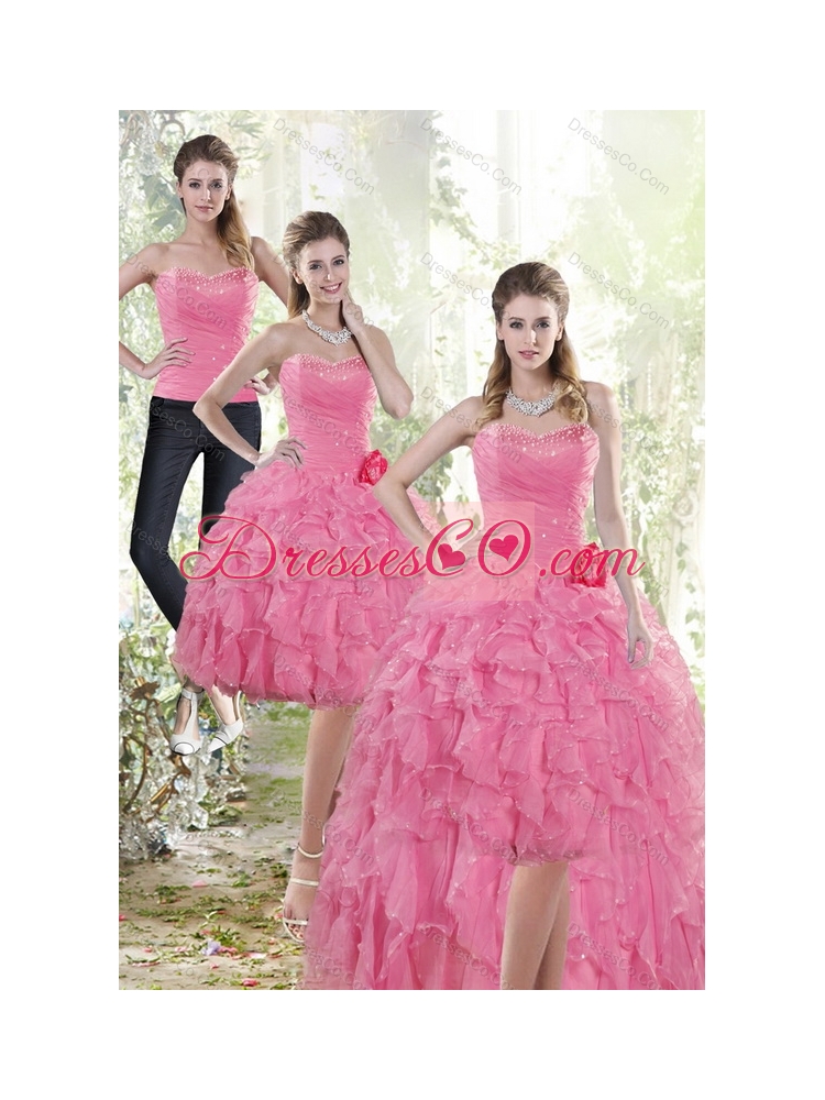 Fashionable  Rose Pink Detachable Prom Dress with Beading and Ruffles