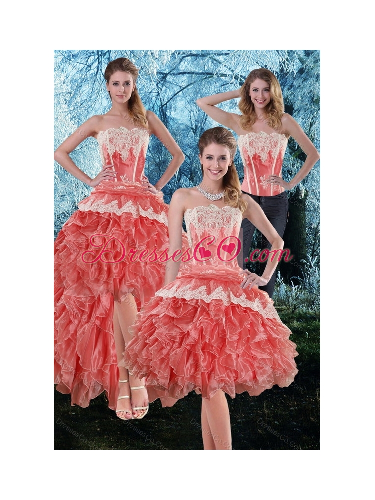 Inexpensive  Appliques and Ruffles Strapless Detachable  Prom Dress in Watermelon