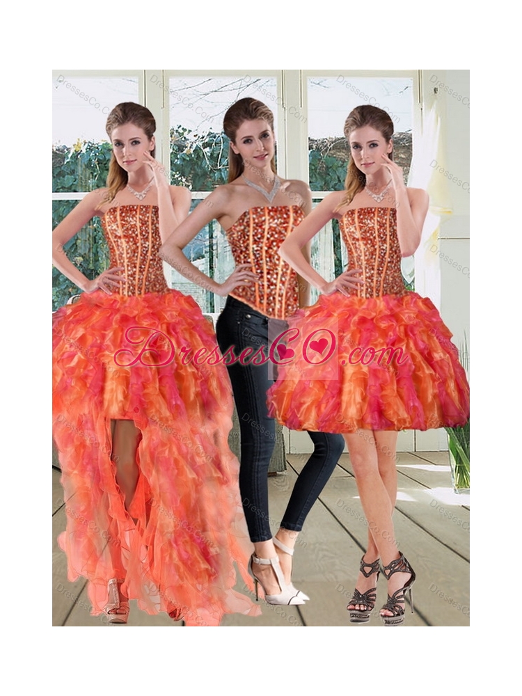 Modest Strapless Multi Color  Detachable  Prom Dress with Beading and Ruffles