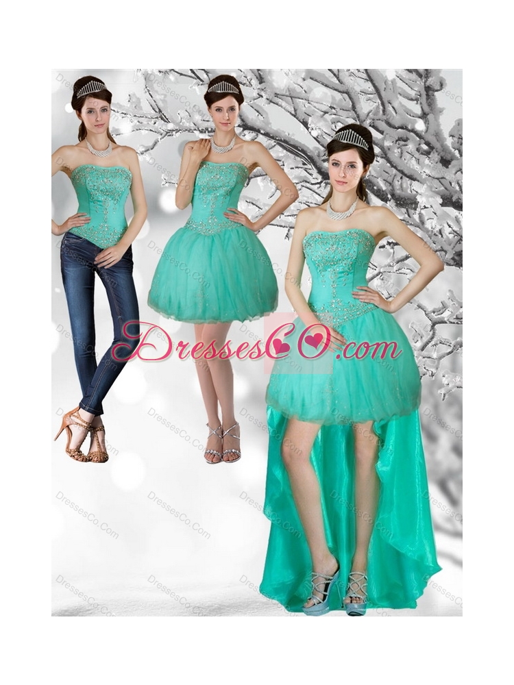 Unique Apple Green Strapess High Low Detachable  Prom Dress with Beading G