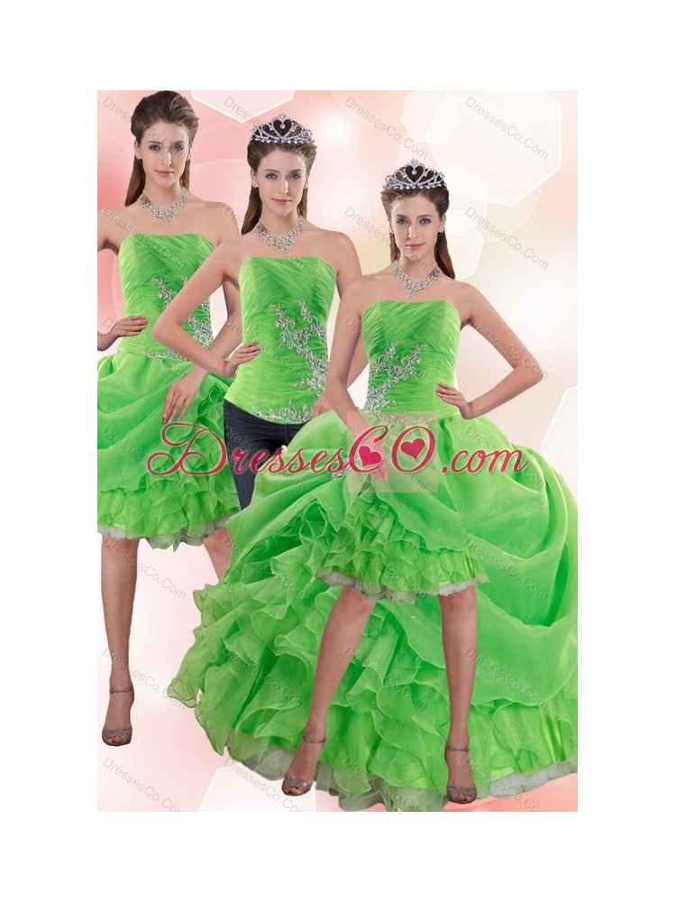 Exclusive Strapless Spring Green Detachable  Prom Dress with Appliques and Ruffles