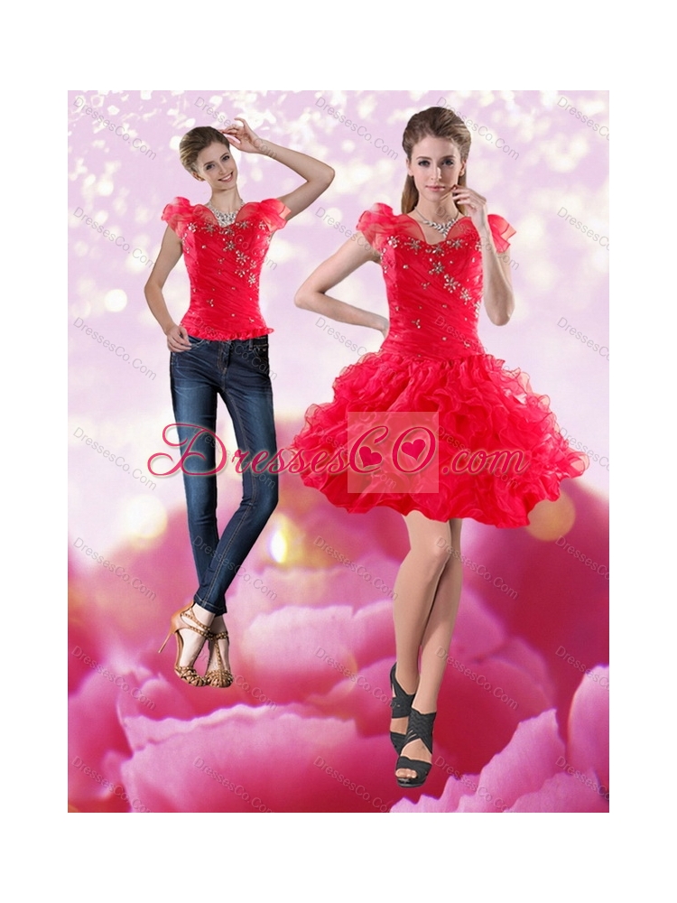 Gorgeous  Knee Length Red Detachable  Dama Dress with Beading and Ruffles