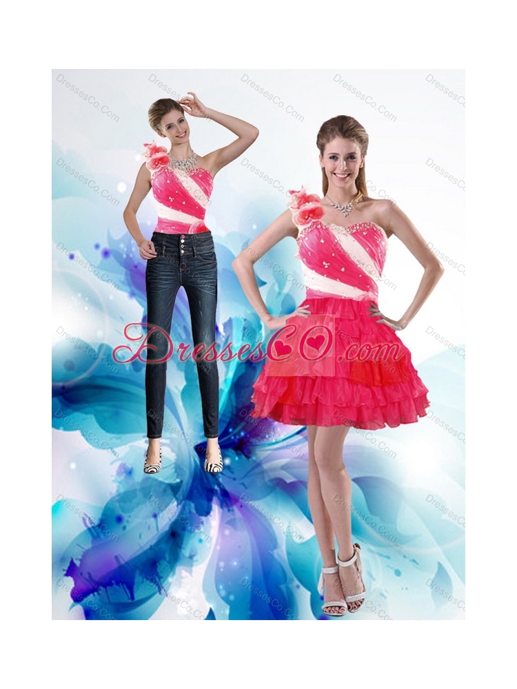 Inexpensive  One Shoulder Detachable  Prom Dress with Hand Made Flowers and Ruffled Layers