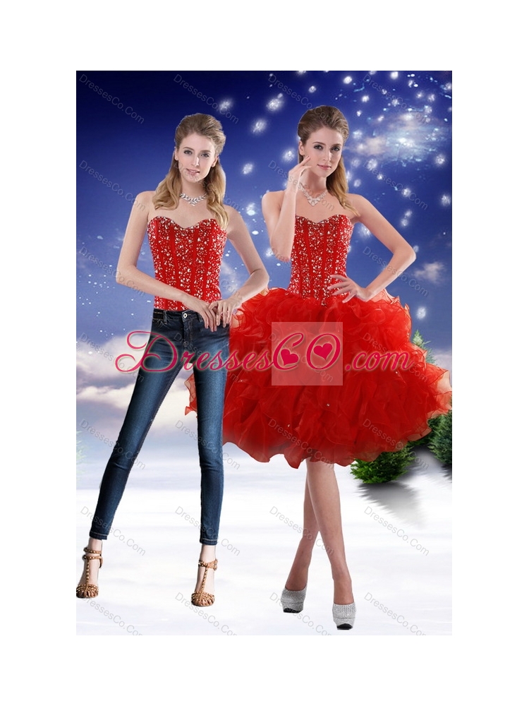 Luxurious  Red Detachable  Prom Dress with Beading and Ruffles