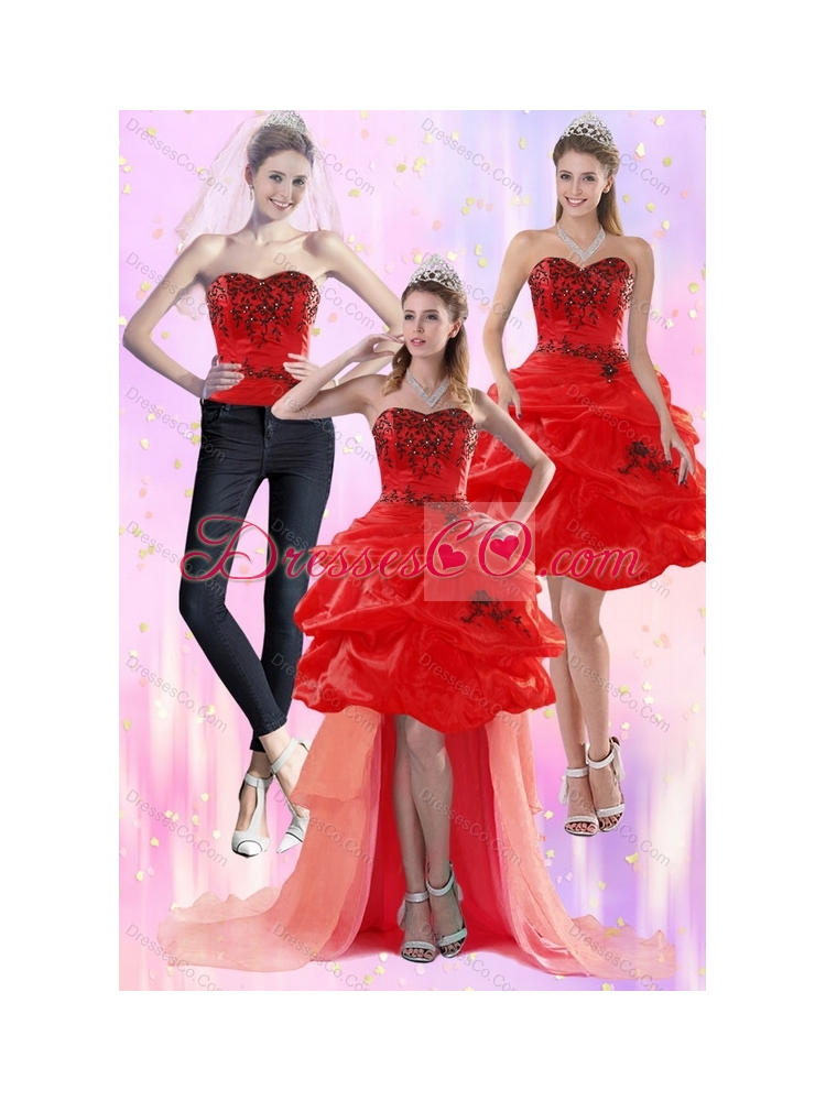 Luxurious Red Strapless  Detachable  Prom Dress with Appliques and Pick Ups