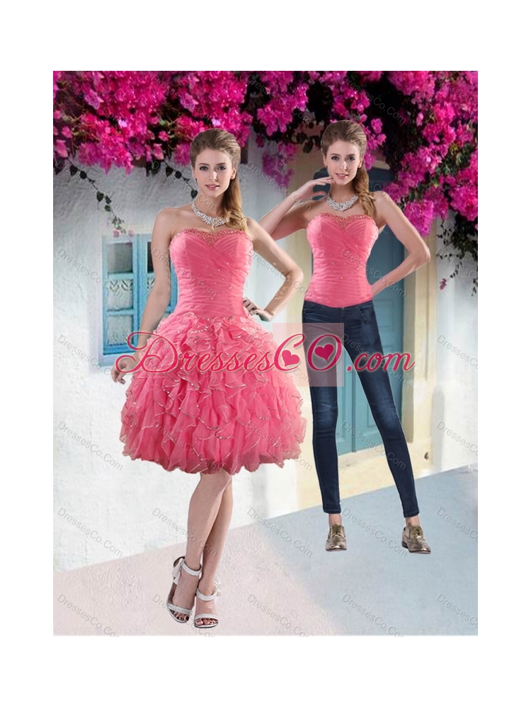 Pretty  Strapless Watermelon Detachable Prom Dress with Beading and Ruffles