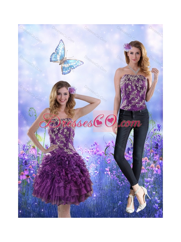 Remarkable  Strapless Purple Detachable  Prom Dress with Appliques and Ruffles