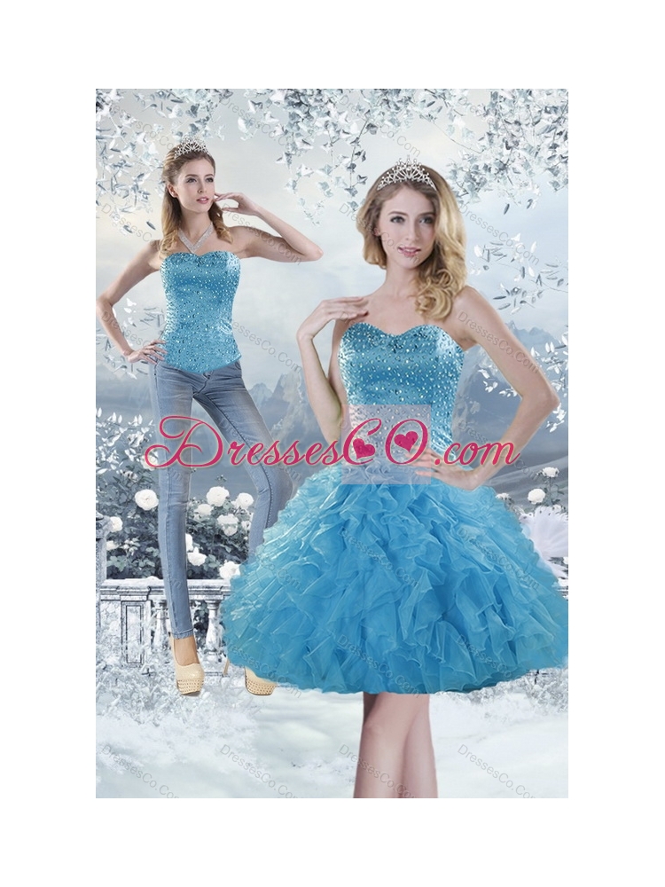Modest Aqua Blue Detachable  Prom Dress with Beading and Ruffles