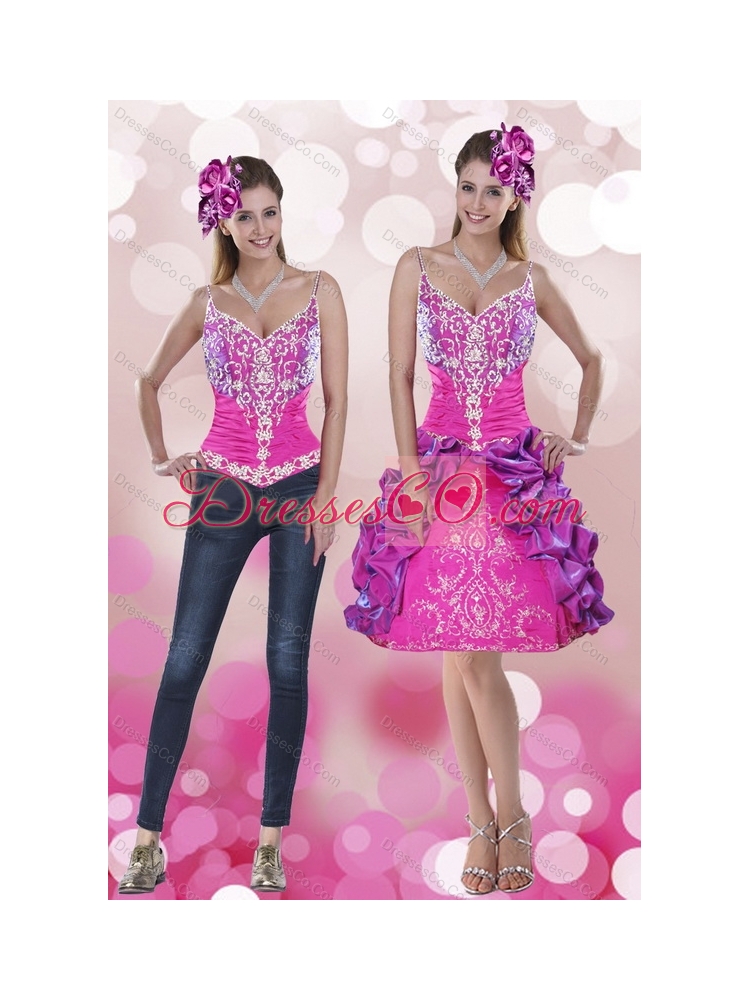 New Style Spaghetti Straps Detachable  Prom Dress with Embroidery and Pick Ups