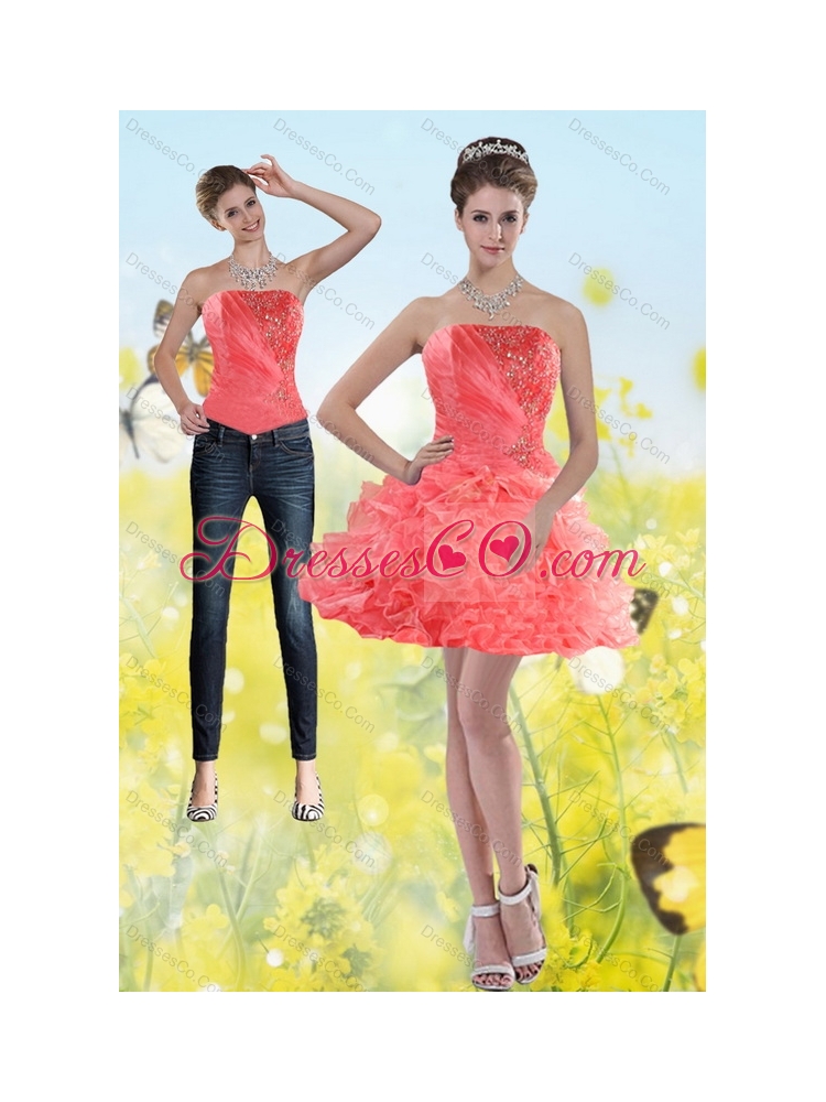 Fashionable  Watermelon Red Strapless Detachable  Prom Dress with Beading and Ruffles