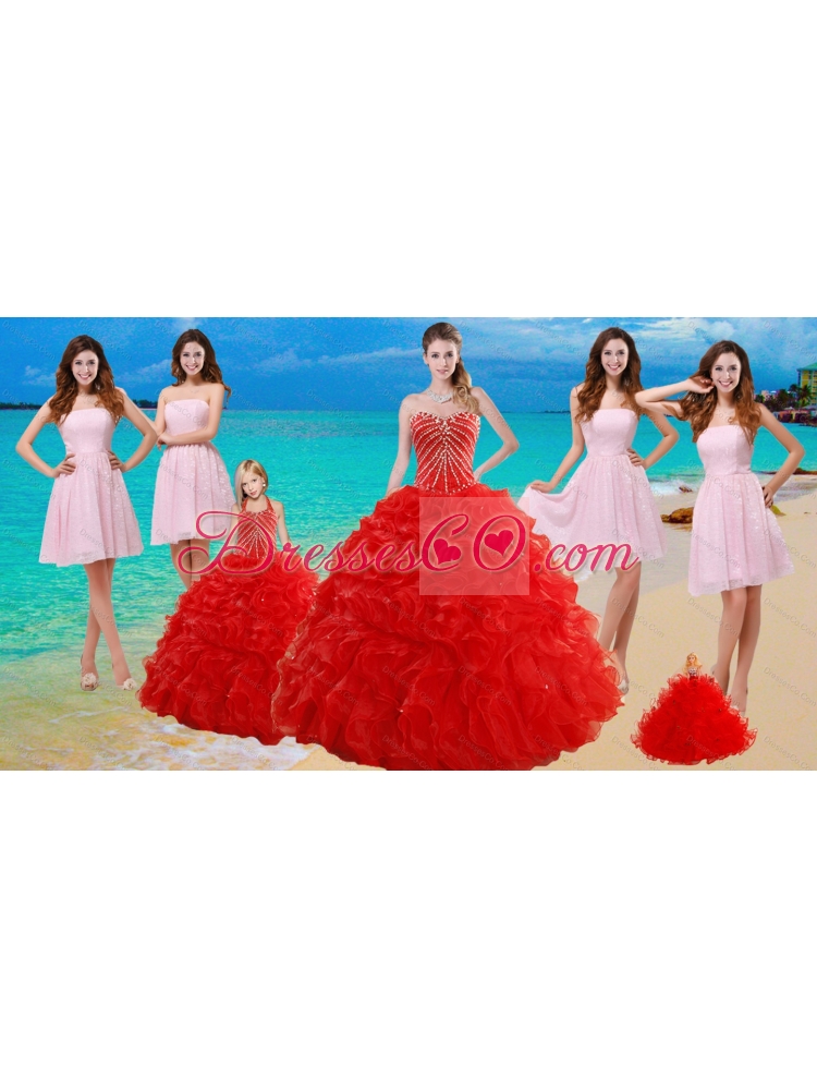 Ruffled Red Quinceanera Dress and Baby Pink Strapless Prom Dressand Halter Top Beaded Little Girl Dress