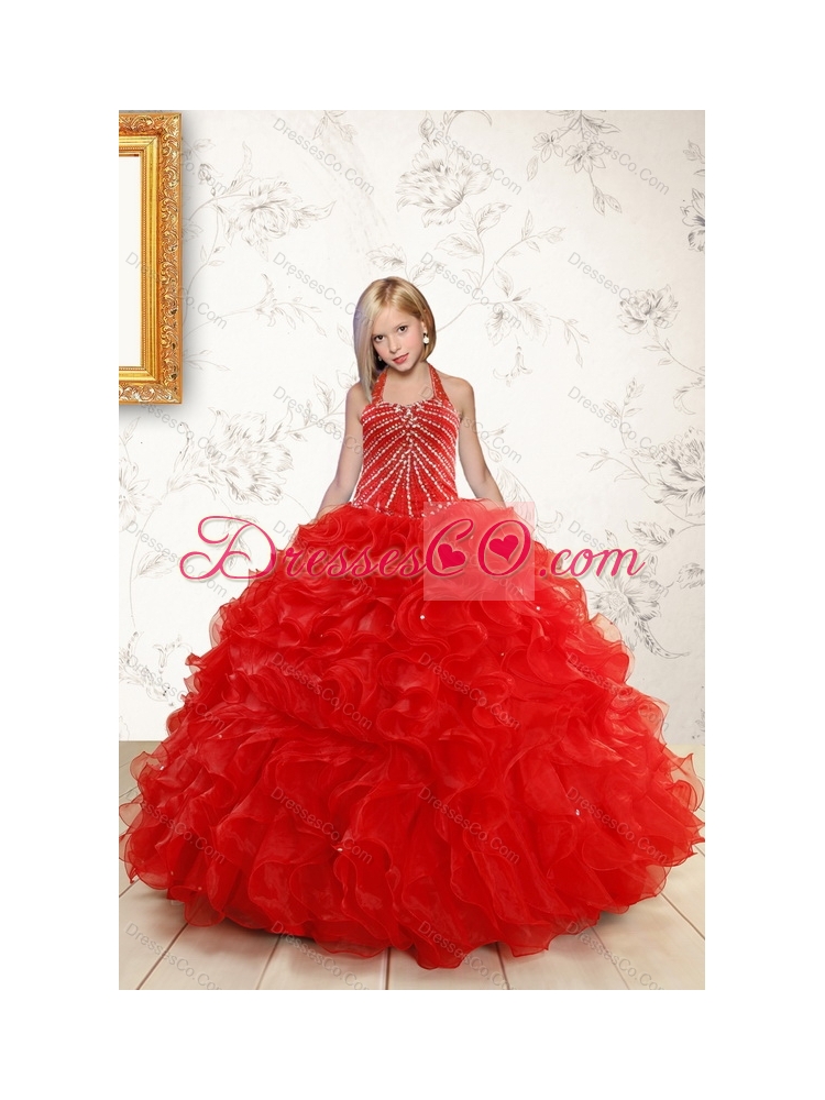 Ruffled Red Quinceanera Dress and Baby Pink Strapless Prom Dressand Halter Top Beaded Little Girl Dress