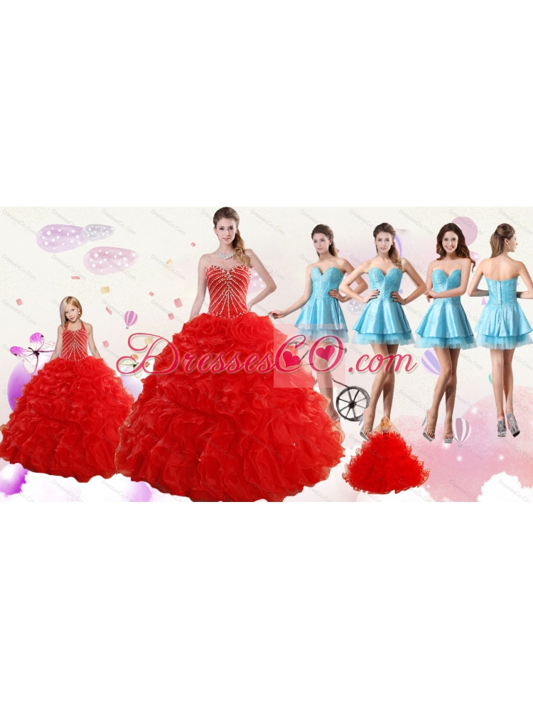 Ruffled Red Quinceanera Gown and Light Blue Beading Prom Dressand Halter Top Beaded Flower Girl Dress
