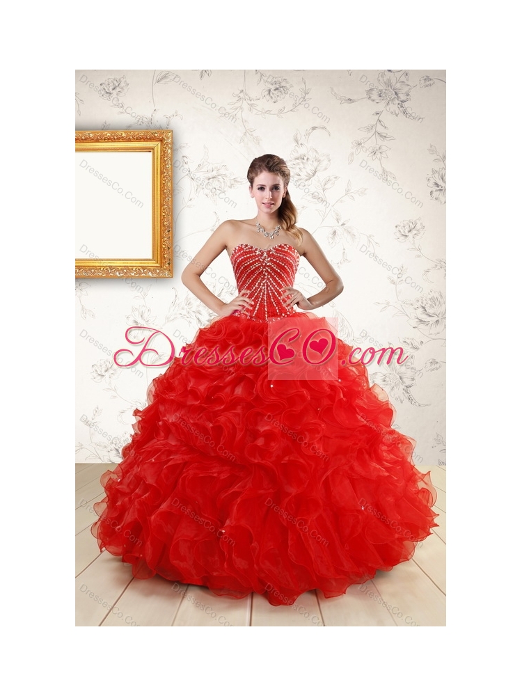 Ruffled Red Quinceanera Gown and Light Blue Beading Prom Dressand Halter Top Beaded Flower Girl Dress