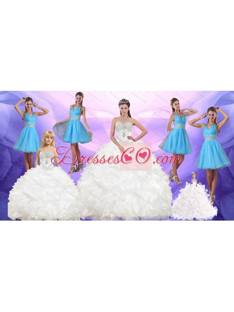 Ruffles and Beading White Quinceanera Dress and Baby Blue V Neck Dama Dressand White Pageant Dress Little Girls