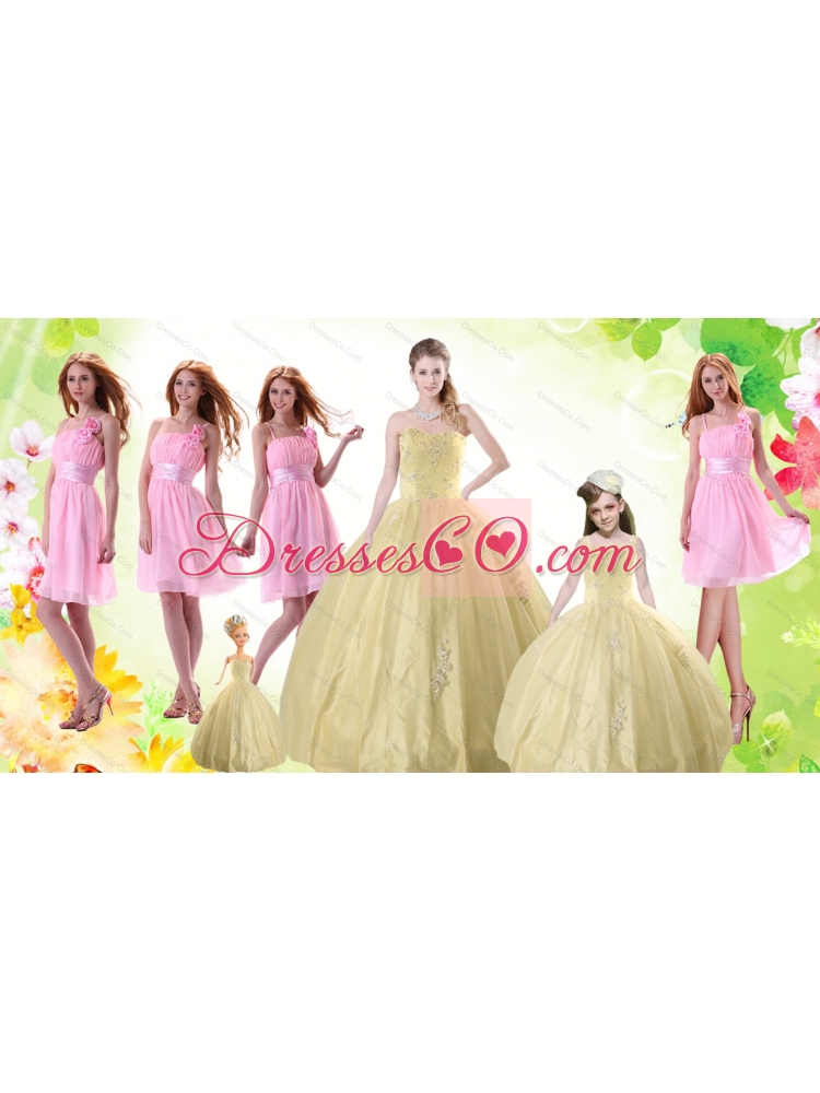 Champagne Ball Gown Quinceanera Dress and Ruching Baby Pink Dama Dressand Floor Length  Little Girl Dress