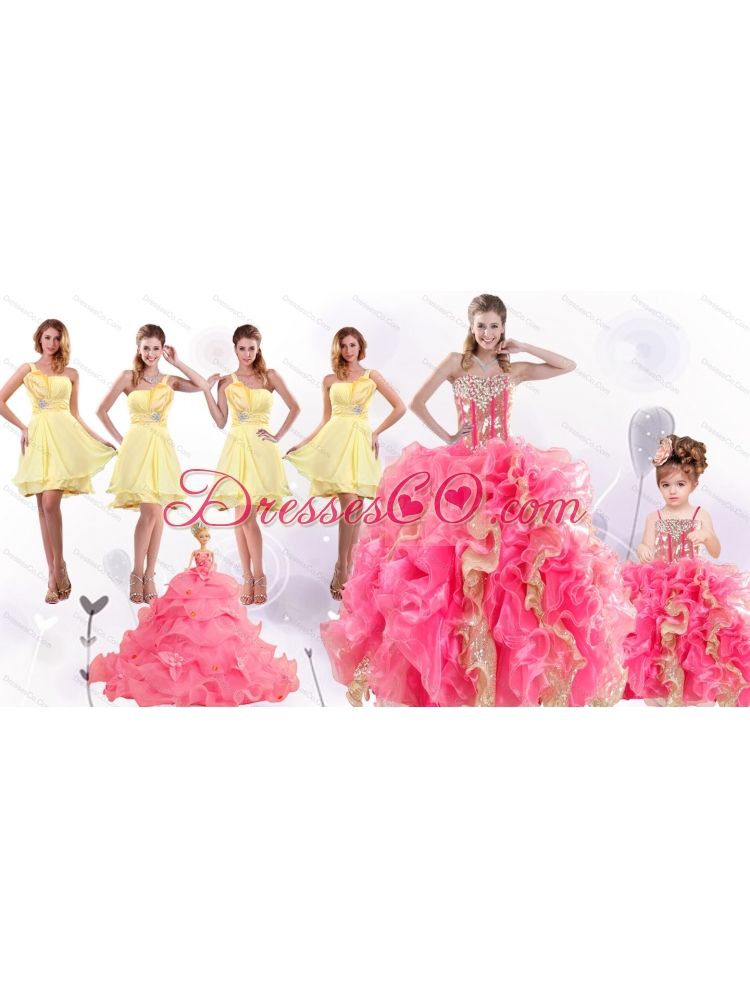 Perfect Beading and Ruffles Quinceanera Dress and Beading Yellow One Shoulder Dama Dressand Multi Color Ball Gown Pageant Dress Little Girl
