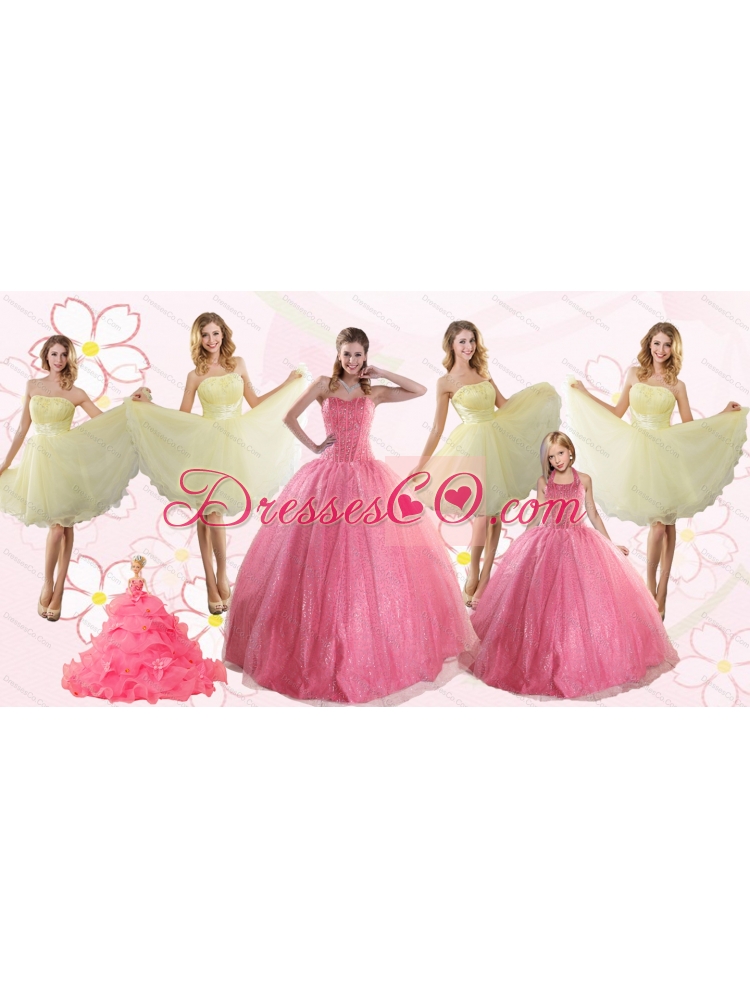 Rose Pink Beading Ball Gown Quinceanera Dress and Strapless Knee Length Dama Dressand  Halter Top Little Girl Dress
